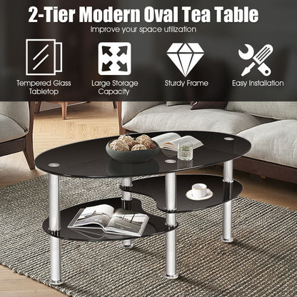 Mesa auxiliar de centro ovalada de cristal templado - Negra