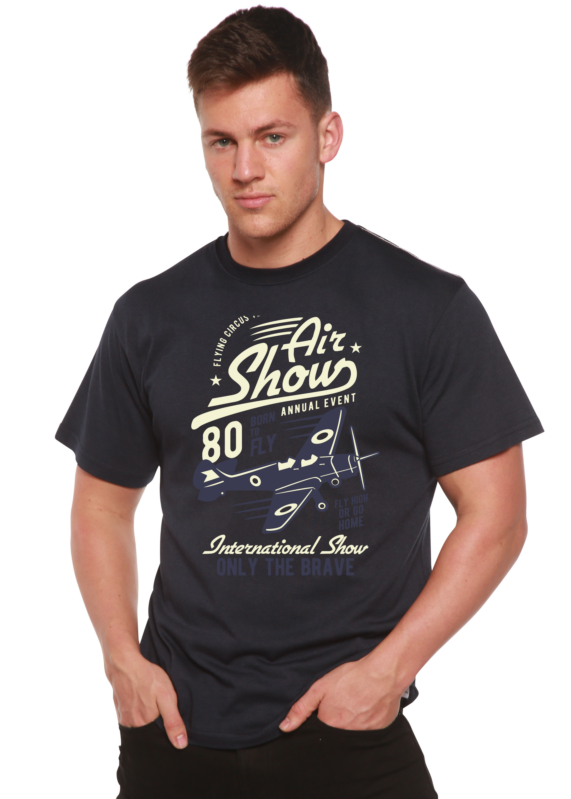 Men's Air Show graphic T-shirt in navy with airplane print; bamboo viscose/organic cotton blend on Tampa Home & Garden Store