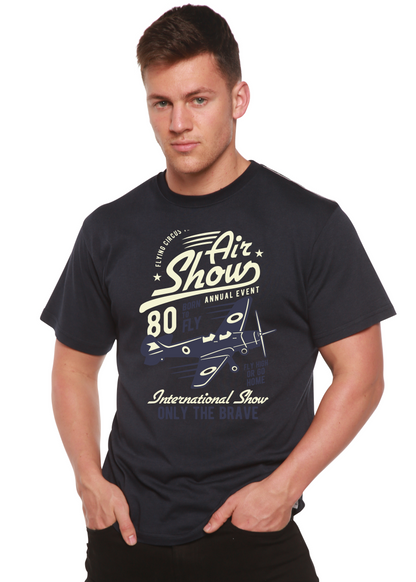 Men's Air Show graphic T-shirt in navy with airplane print; bamboo viscose/organic cotton blend on Tampa Home & Garden Store