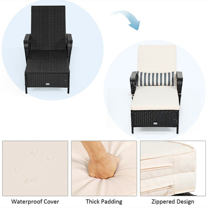 Wicker chaise lounge with adjustable backrest black frame beige cushion and striped pillow on Tampa Home & Garden Store