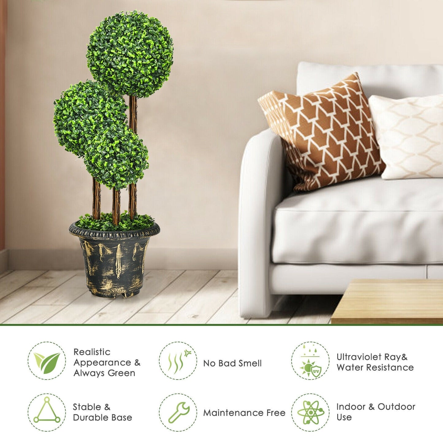 Árbol artificial de boj de triple bola de 36 pulgadas para interiores y exteriores