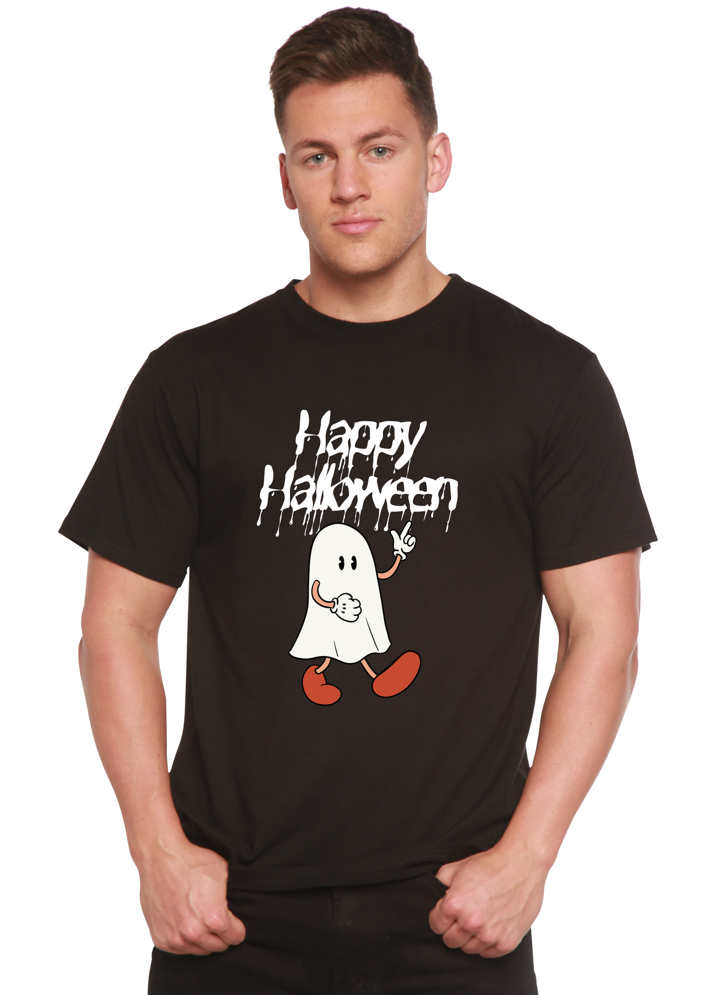 Happy Halloween men's black graphic T-shirt in bamboo viscose/organic cotton with ghost print on Tampa Home & Garden Store