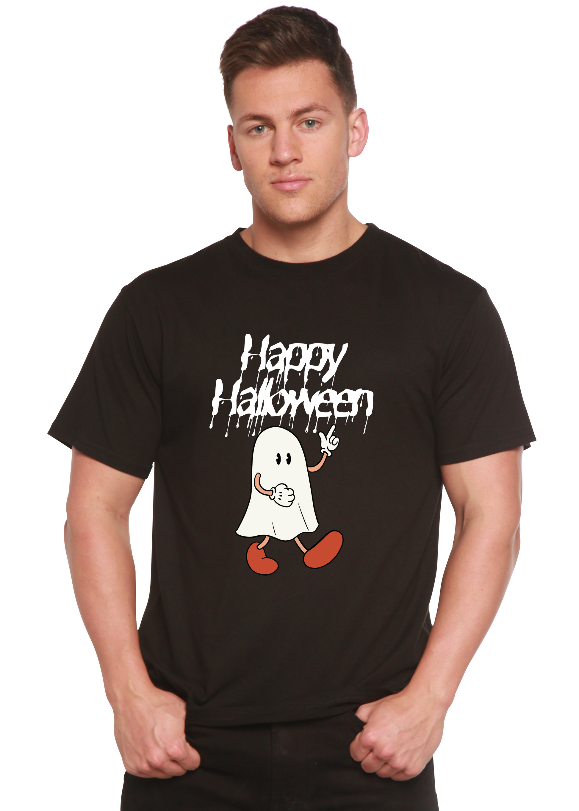 Happy Halloween men's black graphic T-shirt in bamboo viscose/organic cotton with ghost print on Tampa Home & Garden Store
