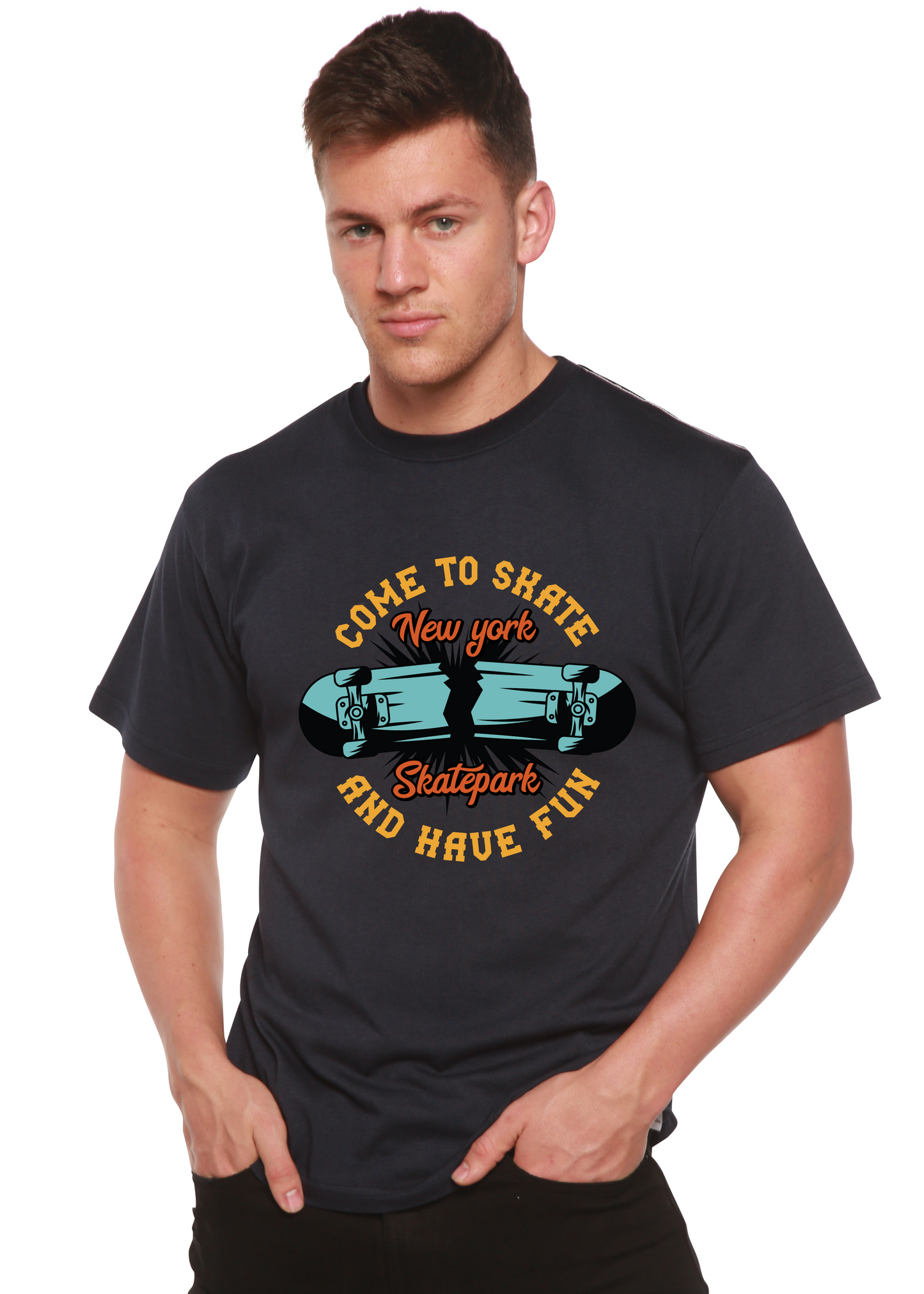 Men's Spun Bamboo tee, dark navy with New York Skatepark orange text and teal skateboard on Tampa Home & Garden Store