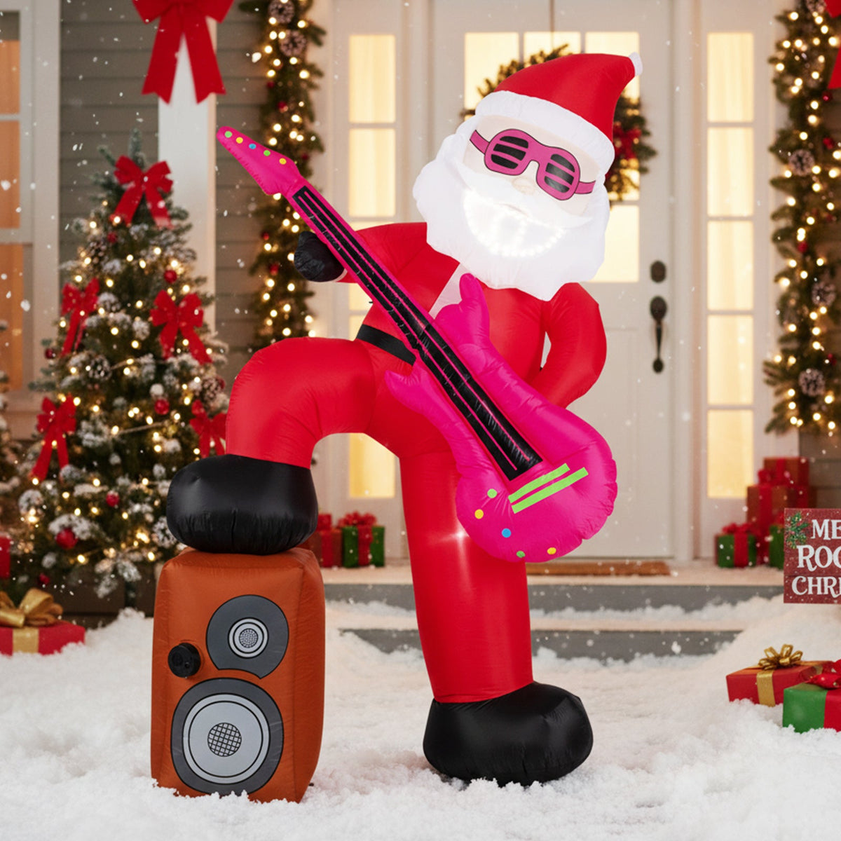 8.4 ft inflatable Santa Claus with pink guitar, sound-synced light effect and LED lights DirectDeals on Tampa Home & Garden Store
