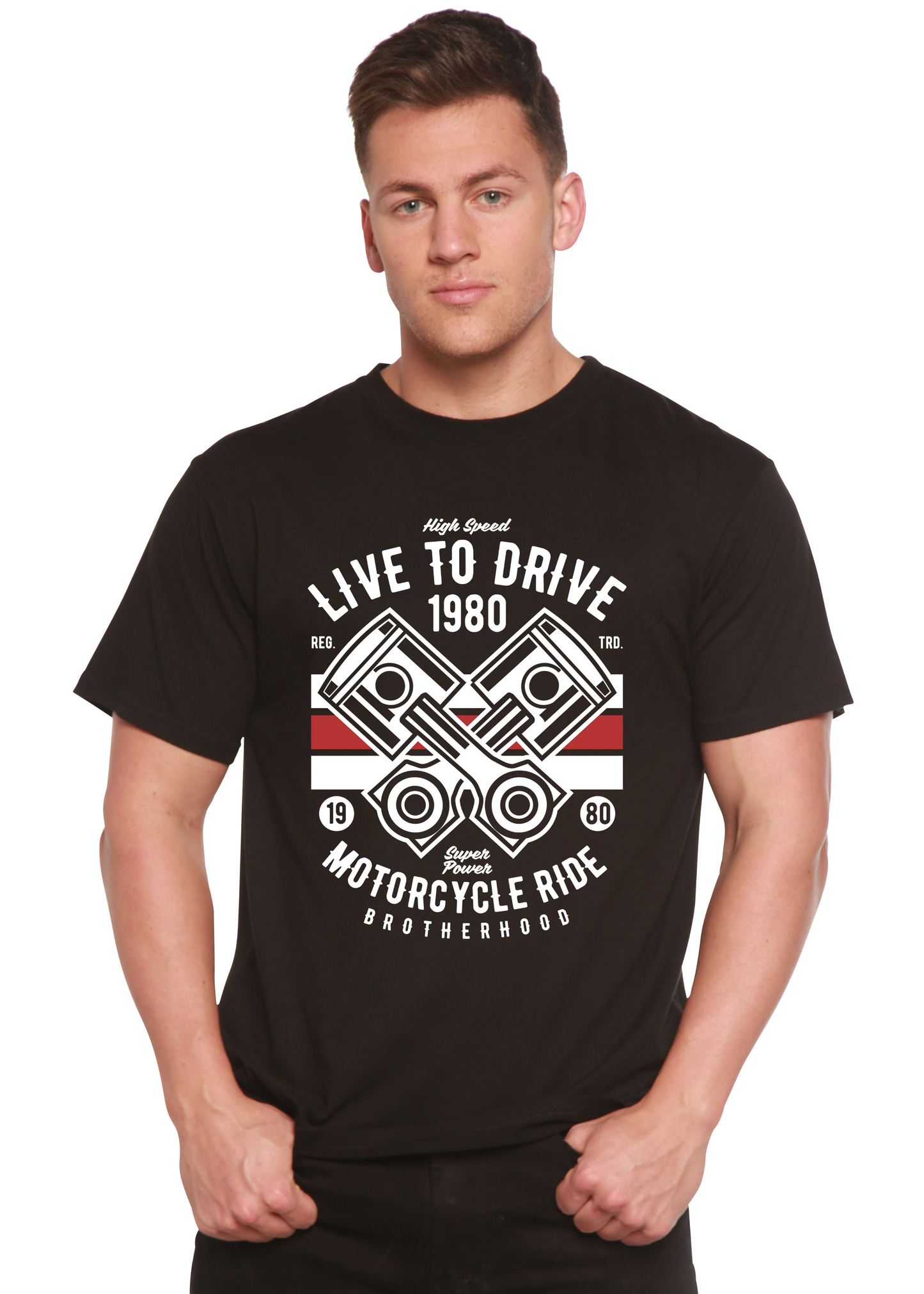 Live To Ride 1980 men's T-shirt in black; bamboo viscose/organic cotton blend by Spun Bamboo on Tampa Home & Garden Store