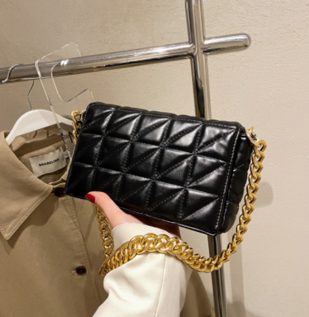 Stevvex black quilted shoulder bag with thick gold chain strap compact handbag on Tampa Home & Garden Store