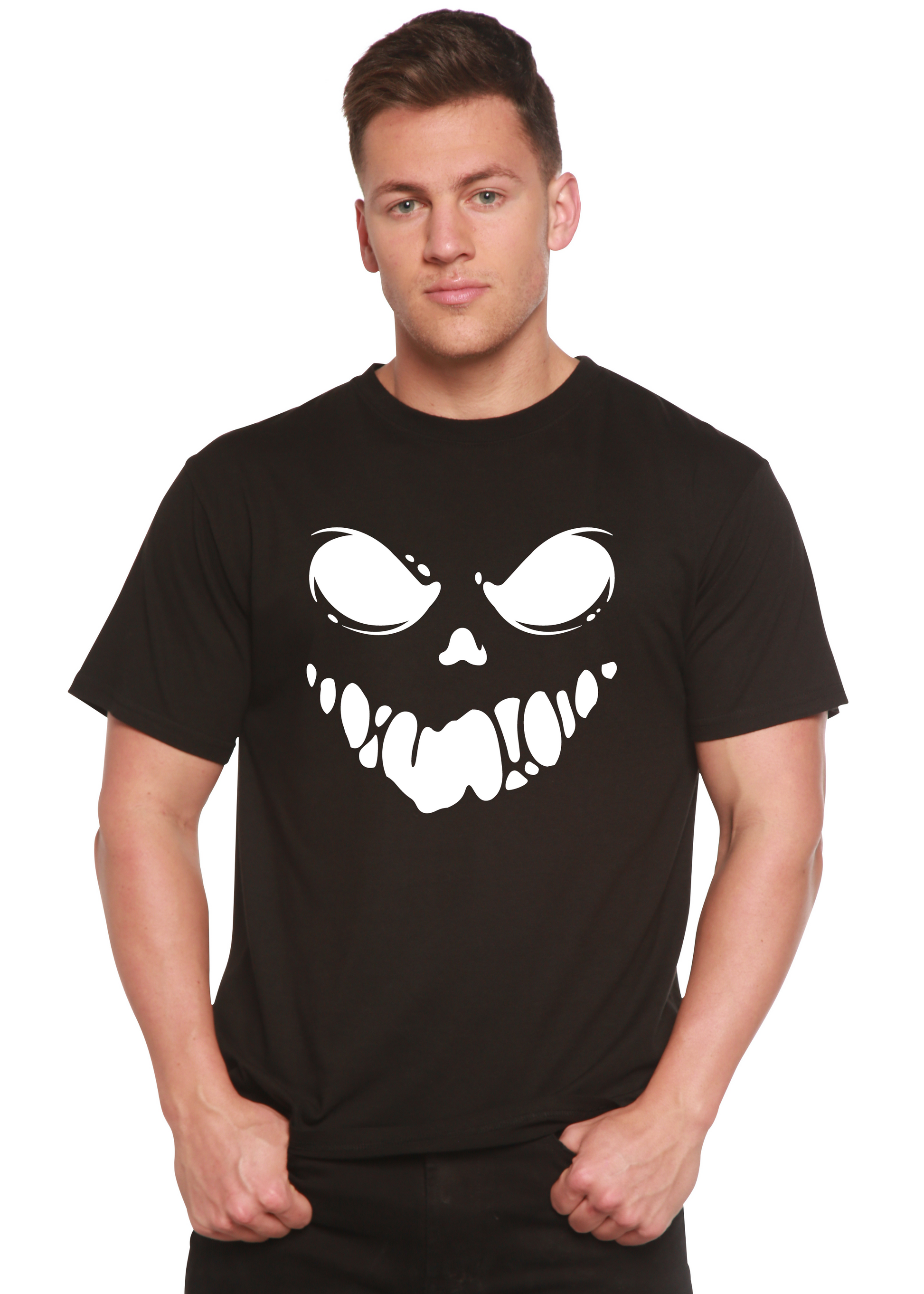 Halloween Boo men's bamboo viscose/organic cotton short sleeve graphic tee with white skull print on Tampa Home & Garden Store