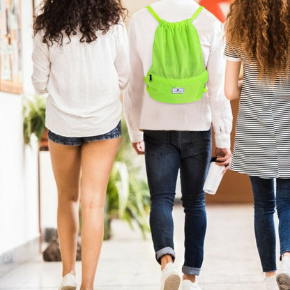 Drawstring backpack GemGear neon green with zip pocket on a group of three walking away on Tampa Home & Garden Store