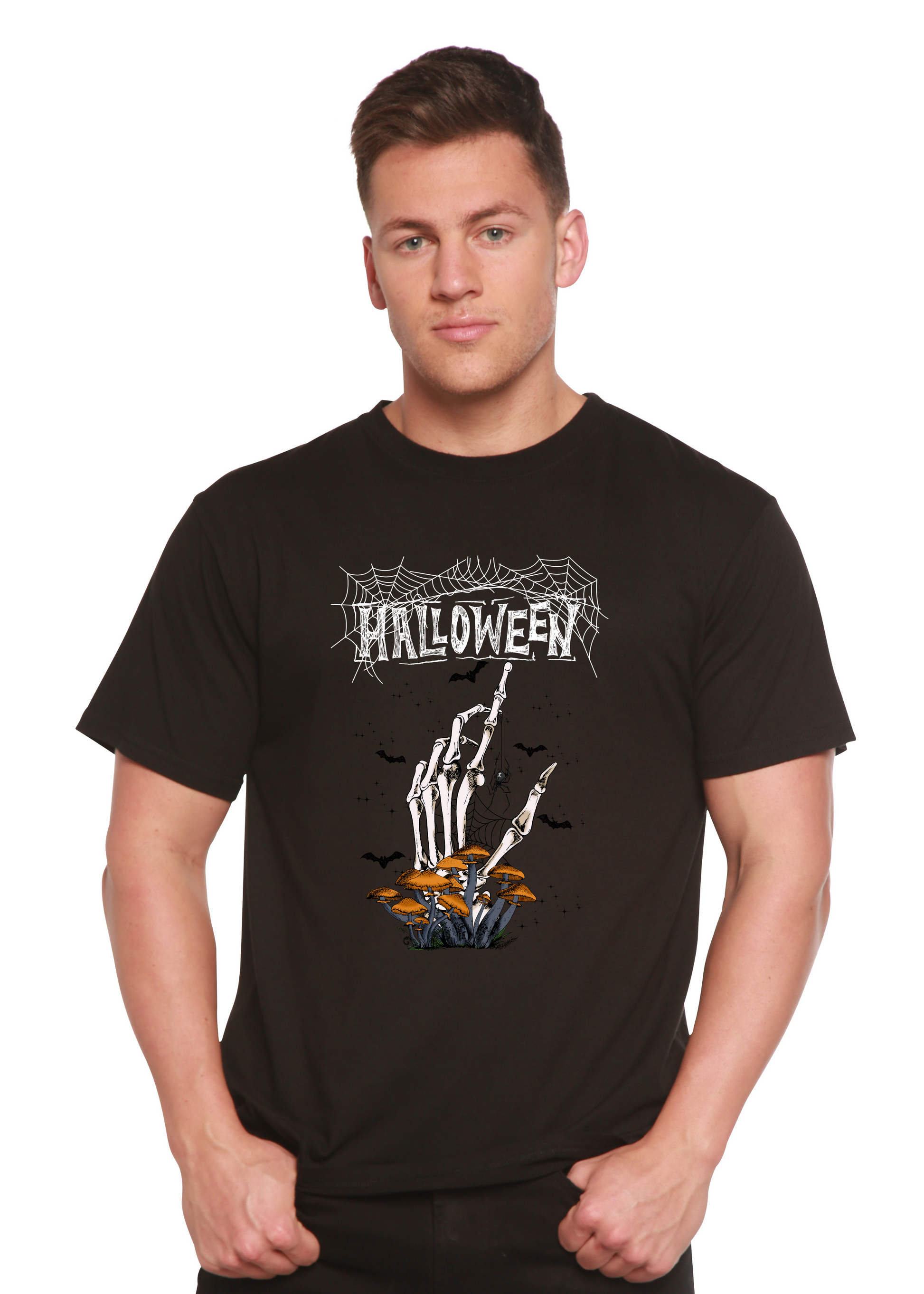 Halloween graphic T-shirt black skeleton hand rising from mushrooms under spiderweb on Tampa Home & Garden Store