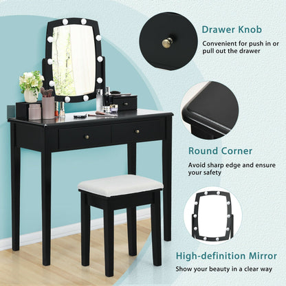 Tocador con Espejo Iluminado para Dormitorio y Vestidor - Negro