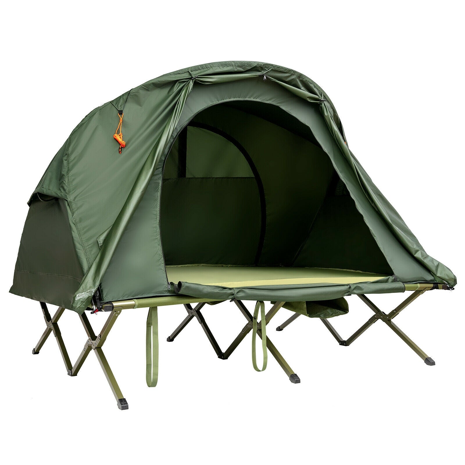 GemGear 2-Person Outdoor Camping Tent with External Cover green shown over a cot on Tampa Home & Garden Store