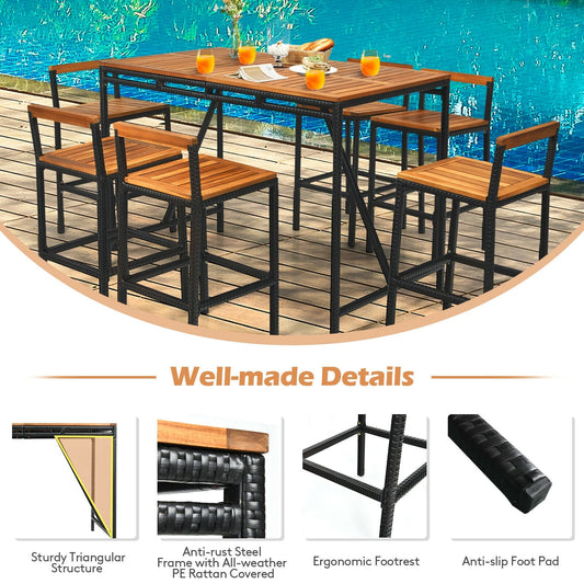 7 Pieces Acacia Wood Patio Rattan Bar Set with Umbrella Hole - Tampa Home & Garden Store