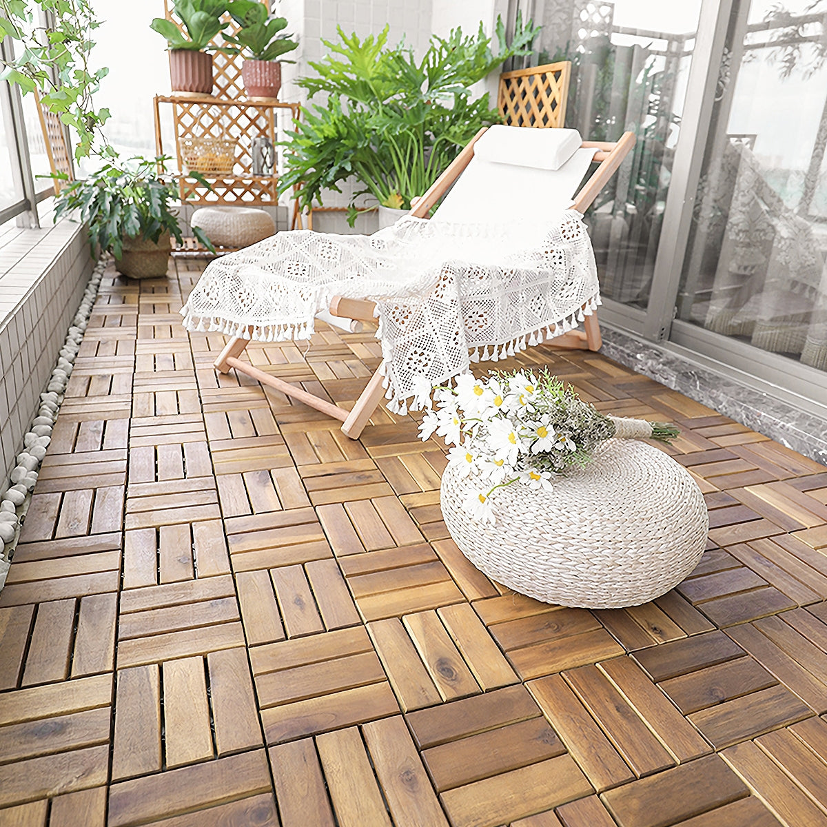 10 piezas de piso de baldosas entrelazadas de madera de acacia de 12 x 12 pulgadas