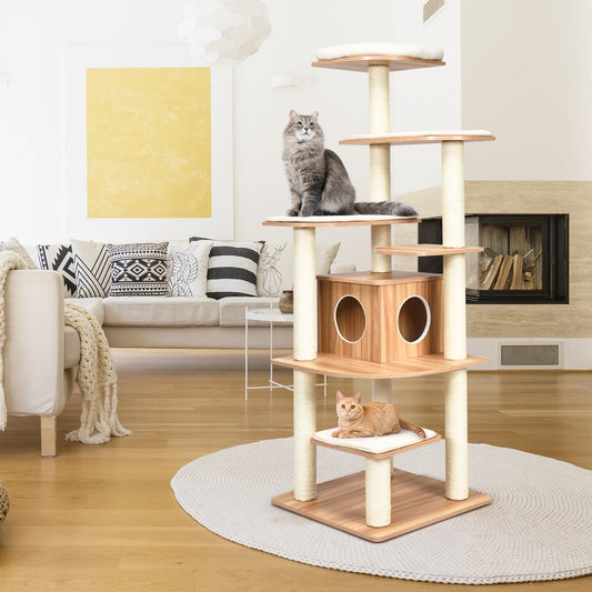 7-Layer Wooden Cat Tree Tall Cat Tower with Sisal Posts and Condo - Tampa Home & Garden Store