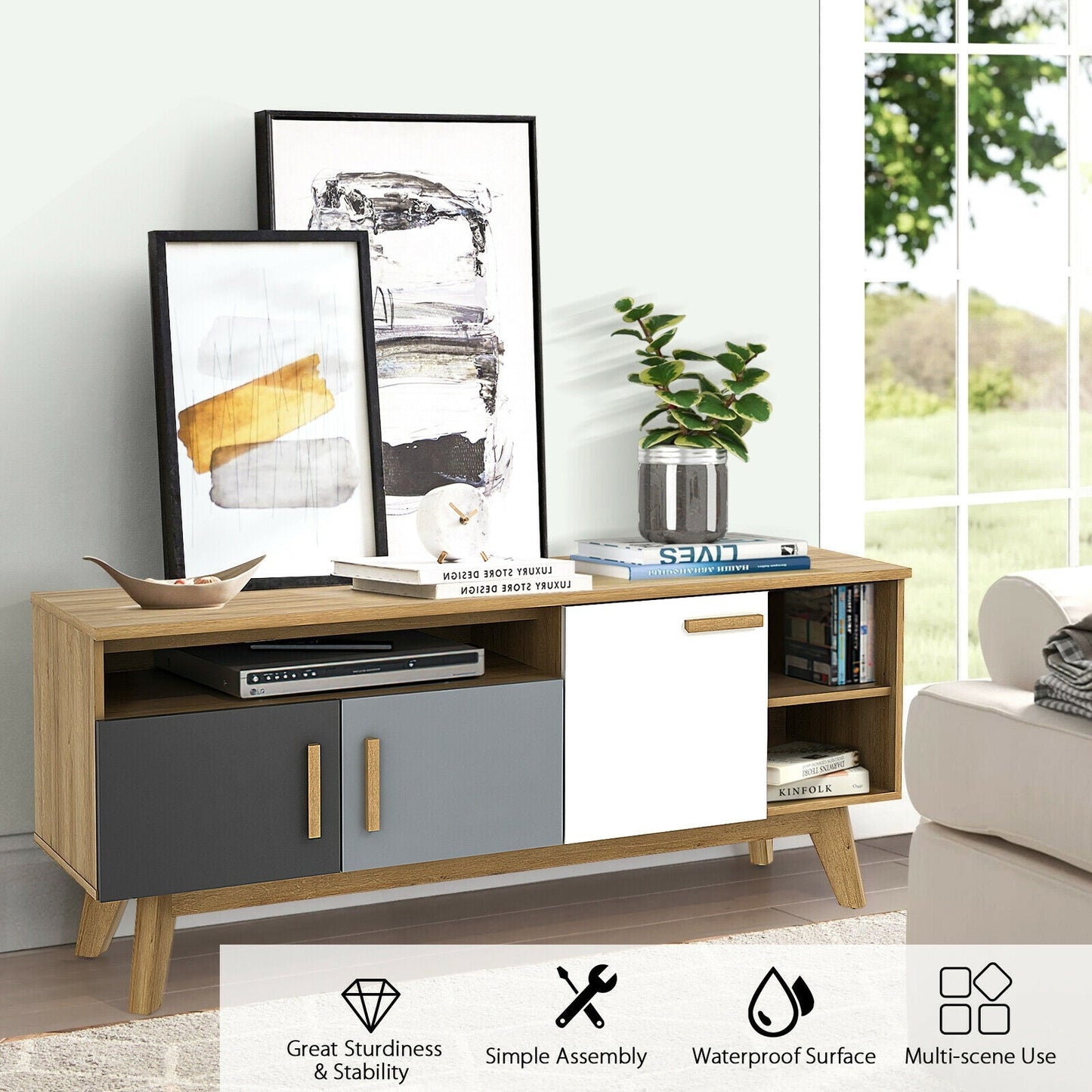 Mueble para TV de 65 pulgadas con 3 armarios de almacenamiento y 3 estantes abiertos para salón