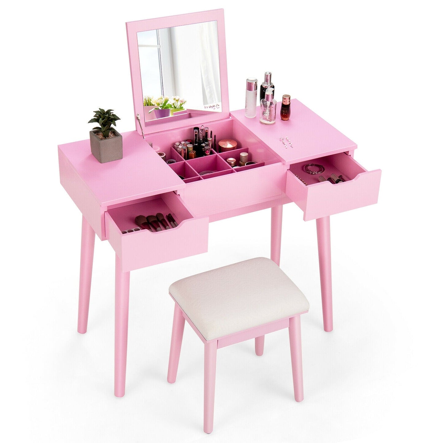 Juego de Tocador de Maquillaje con Espejo Abatible y 2 Cajones - Rosa