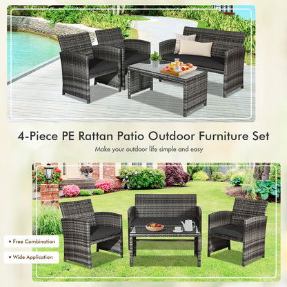 Juego de muebles de patio de ratán de 4 piezas con mesa de vidrio y sofá biplaza - Negro