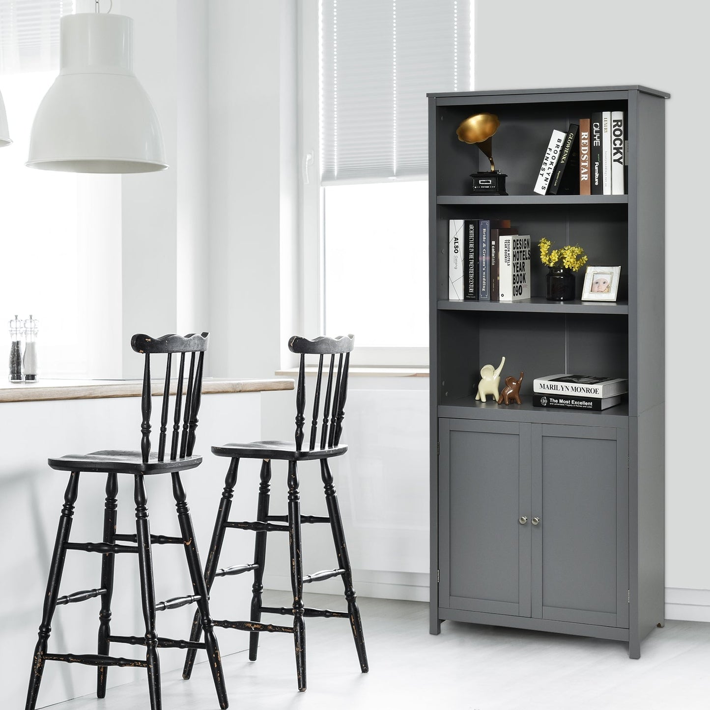 Estantería Librería Almacenamiento Mueble de Madera Unidad Exhibición con Puertas-Gris