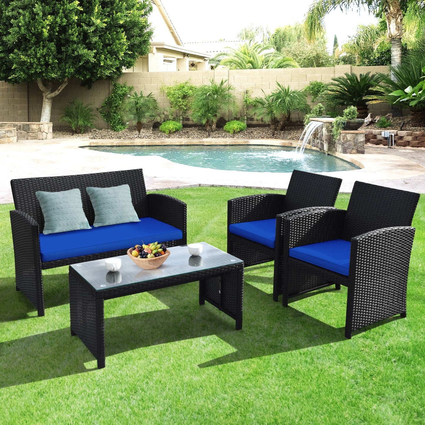 Juego de Muebles de Patio de Ratán de 4 Piezas con Cojines Resistentes al Clima y Mesa con Cubierta de Vidrio Templado-Azul Marino
