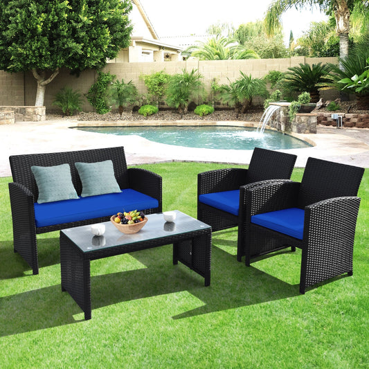 4 Pieces Rattan Patio Furniture Set with Weather Resistant Cushions and Tempered Glass Tabletop-Navy - Tampa Home & Garden Store