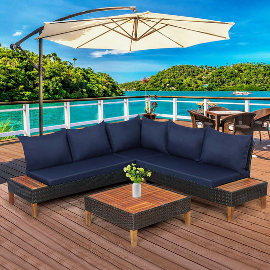 4 Pieces Patio Cushioned Rattan Furniture Set with Wooden Side Table - Tampa Home & Garden Store