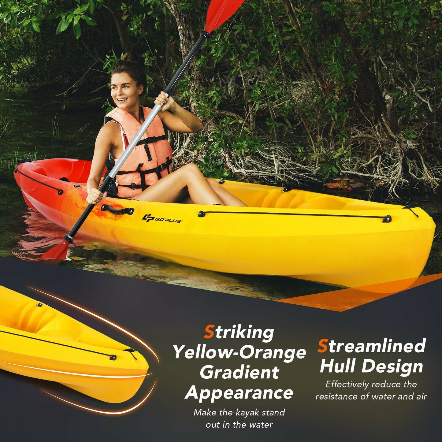 GemGear single sit-on-top kayak in yellow gradient with detachable aluminum paddle on Tampa Home & Garden Store