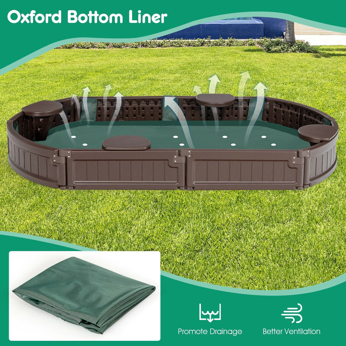 DirectDeals Sandbox with built-in corner seat and bottom liner, brown plastic, includes green cover on Tampa Home & Garden Store