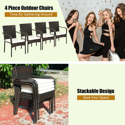 Set of 4 Patio Rattan Stackable Dining Chair with Cushioned Armrest for Garden