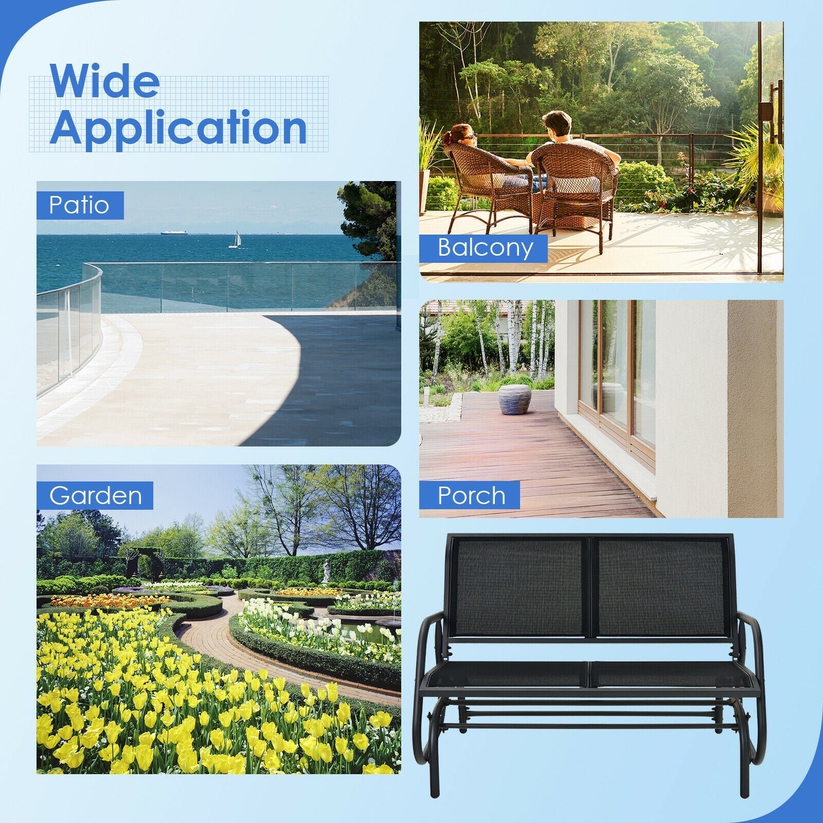 GemGear 7x7 ft pop-up canopy tent blue image with Patio Balcony Garden Porch labels and bench on Tampa Home & Garden Store