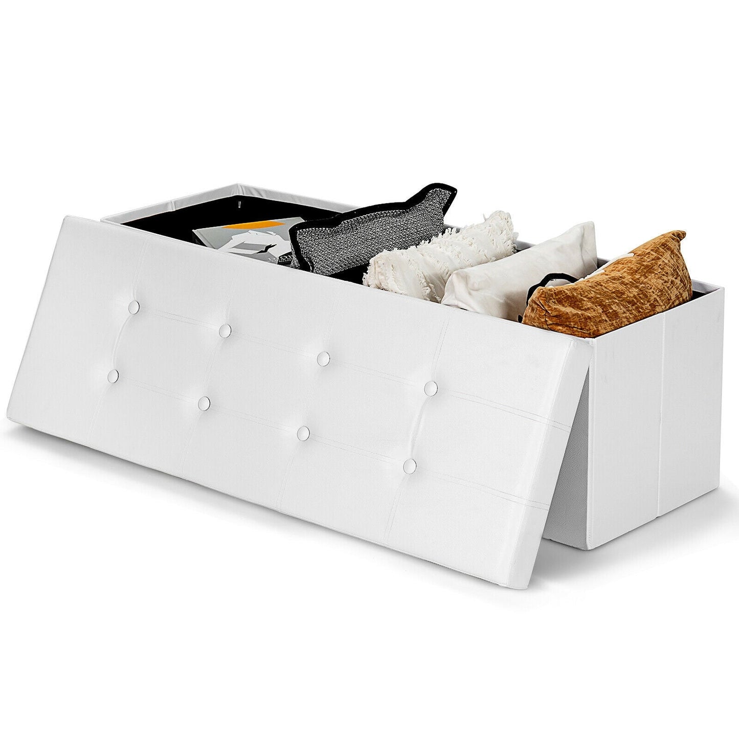 Asiento otomano plegable grande de 45 pulgadas con almacenamiento - Blanco