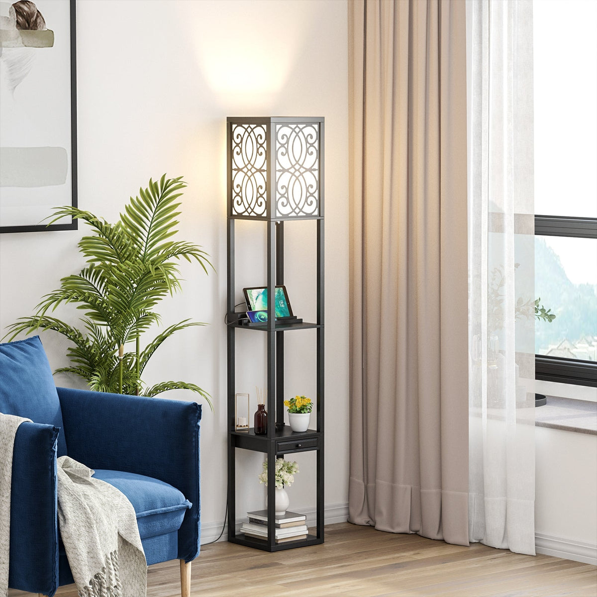 DirectDeals black metal standing shelf lamp with lattice panels and built-in outlet/USB ports on Tampa Home & Garden Store