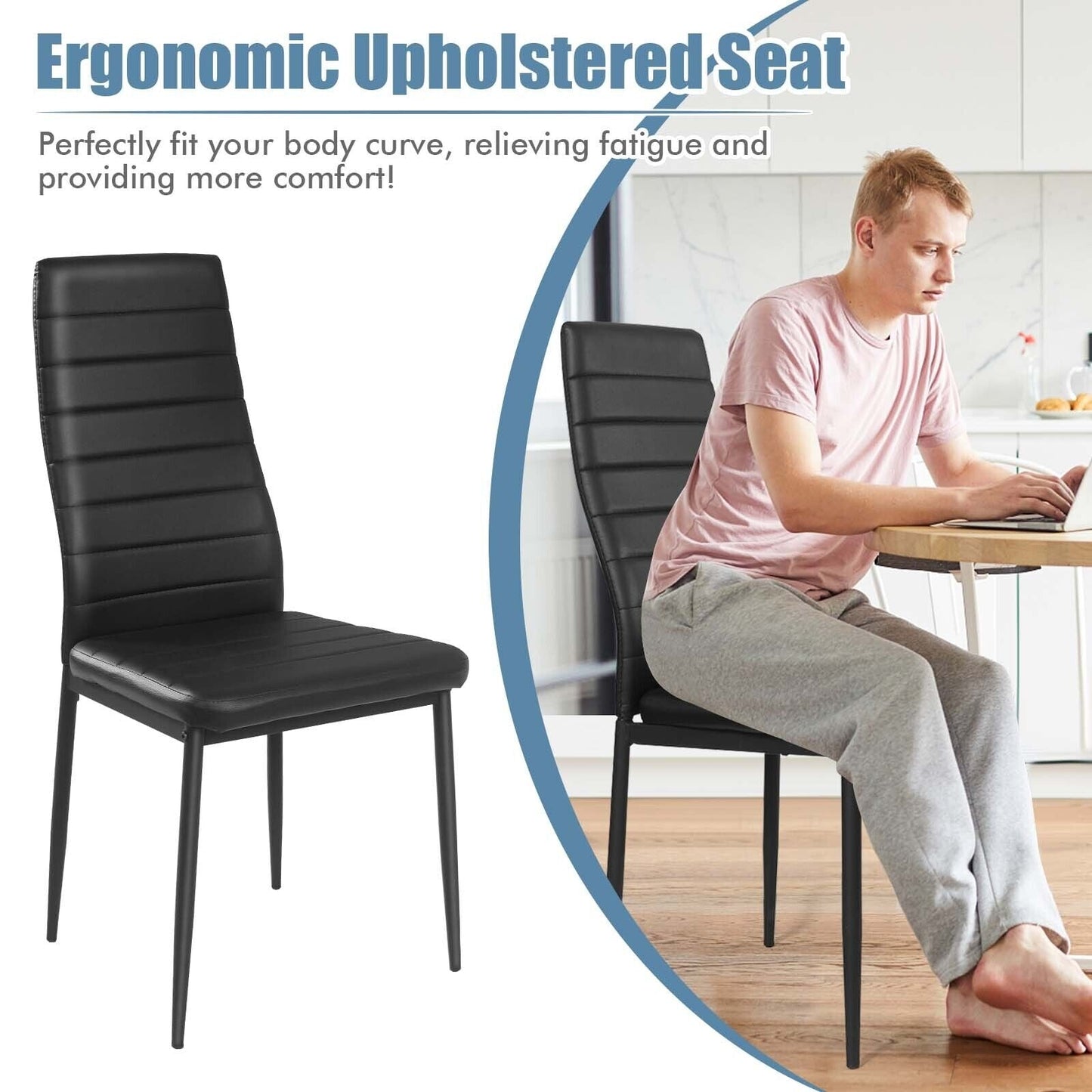 Two black leather dining chairs with metal frames on Tampa Home & Garden Store