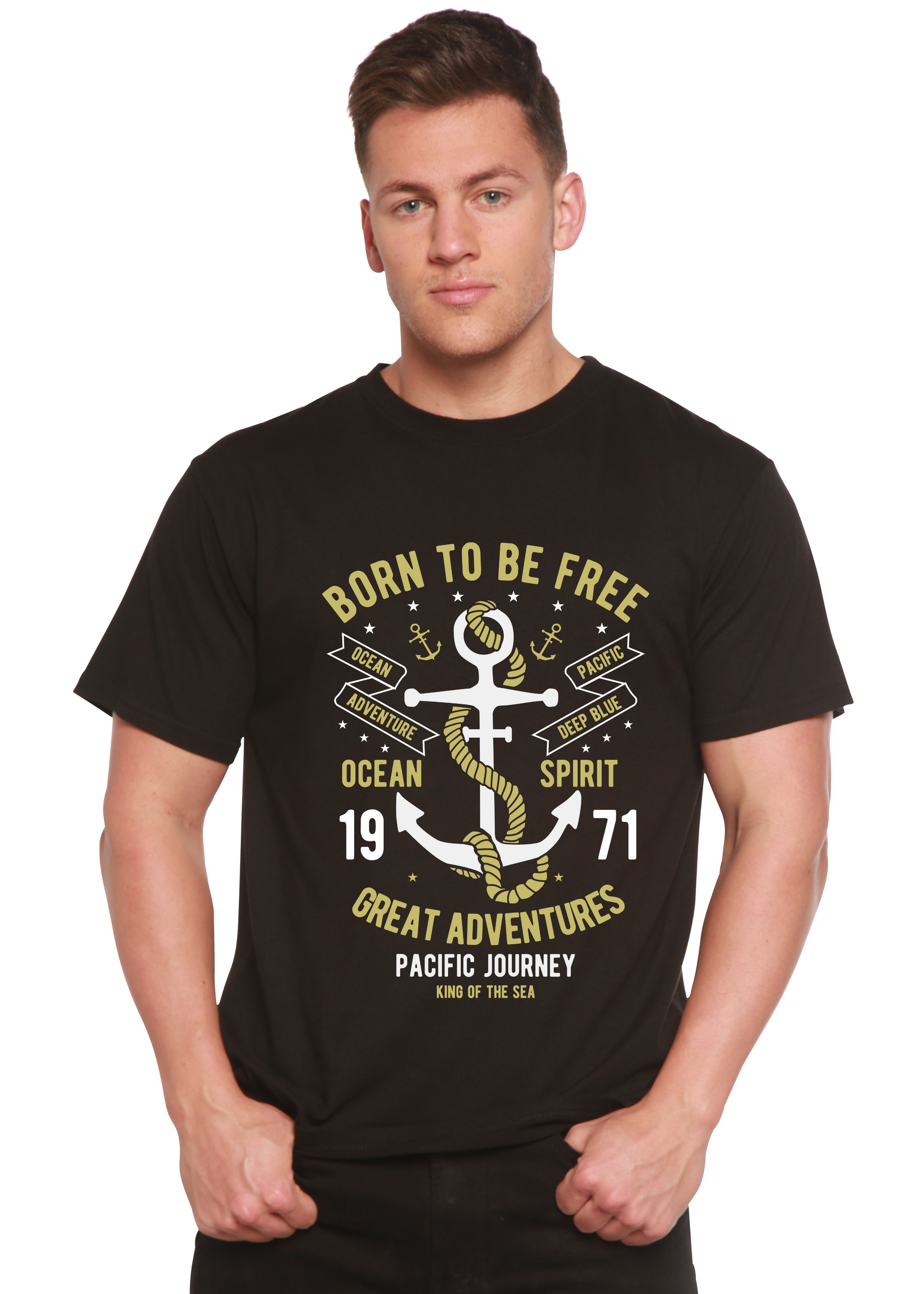 Born To Be Free men's black bamboo viscose/organic cotton graphic tee with anchor print on Tampa Home & Garden Store