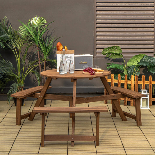 6-person Round Wooden Picnic Table with Umbrella Hole and 3 Built-in Benches-Dark Brown - Tampa Home & Garden Store