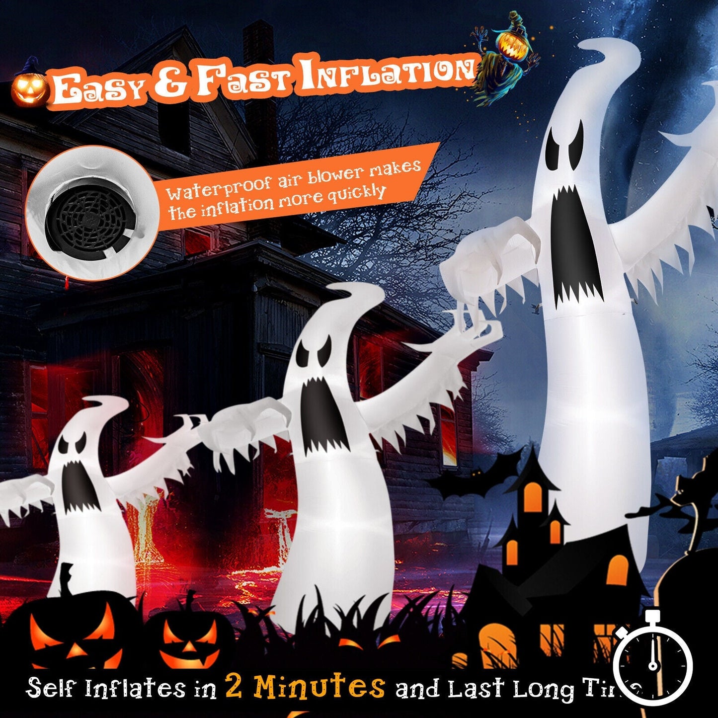 Four white 12 ft Halloween inflatable ghosts with LED lights for outdoor yard decor DirectDeals on Tampa Home & Garden Store