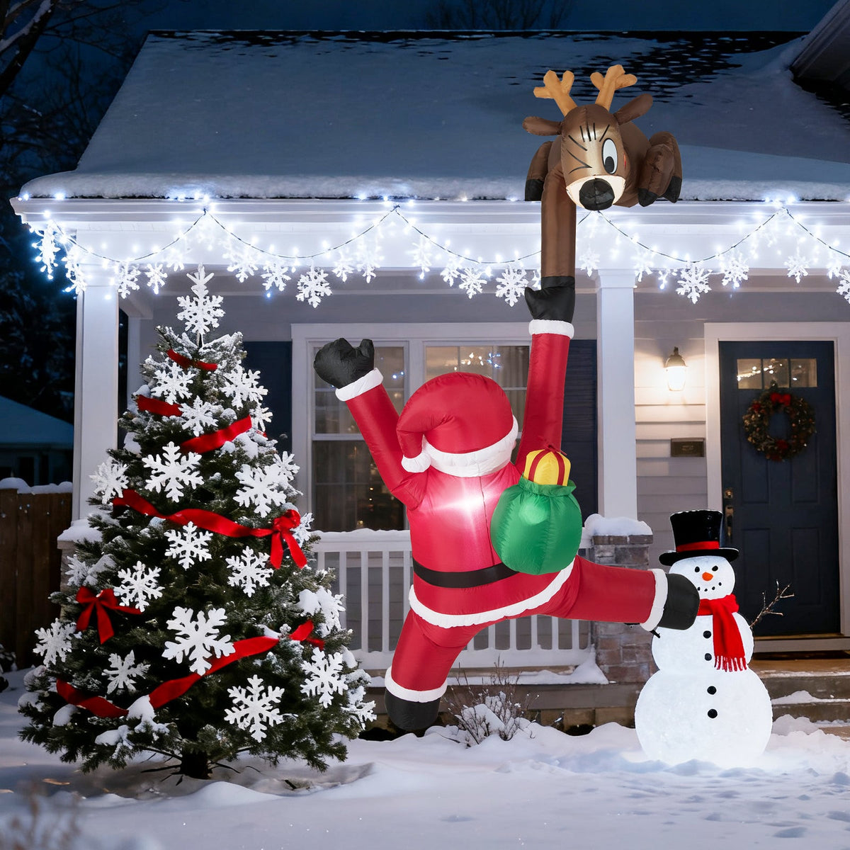 8.5ft inflatable Santa climbing with reindeer and built-in LED lights for outdoor yard display on Tampa Home & Garden Store