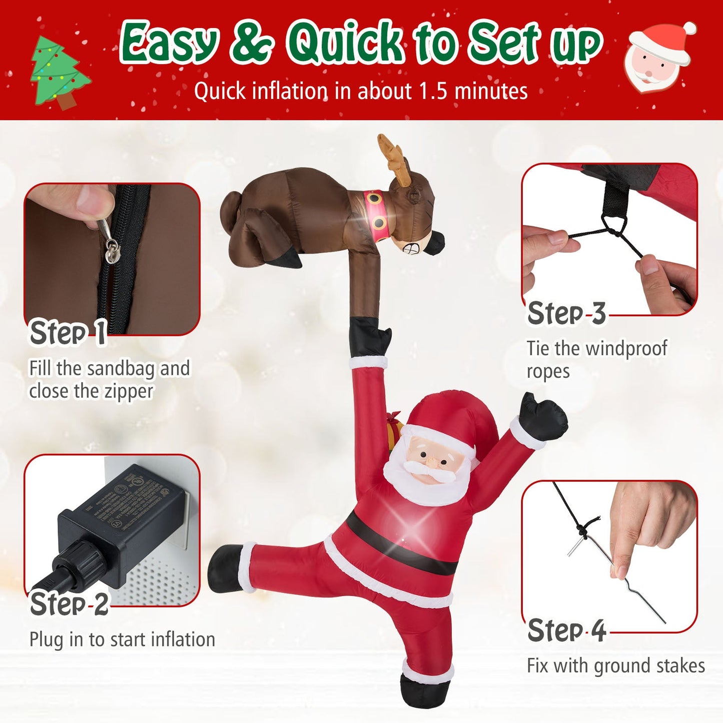 8.5 ft DirectDeals Christmas inflatable Reindeer & Climbing Santa with LED lights; shows inflation steps on Tampa Home & Garden Store