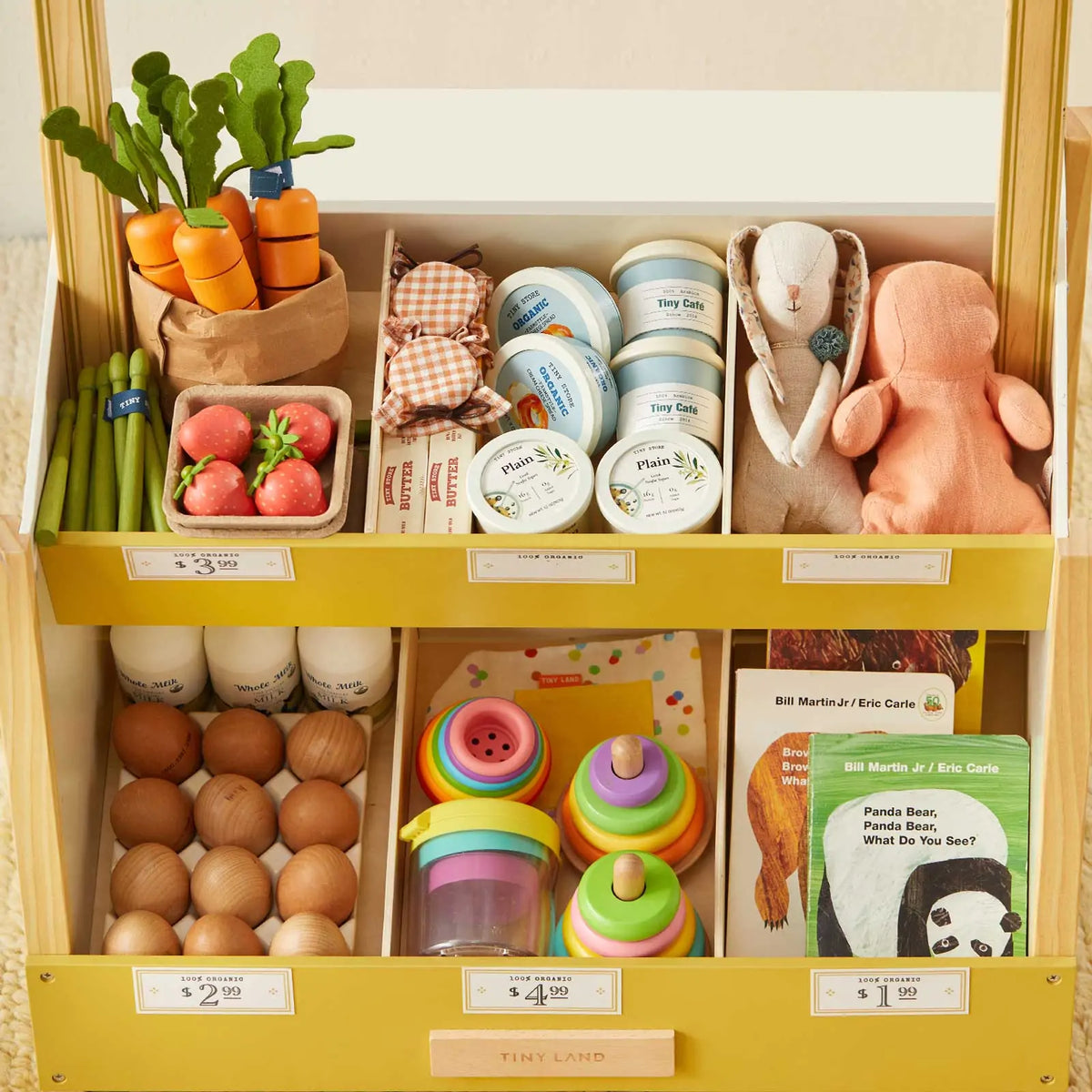 Tiny Land Kid's Grocery Store Playset with carrots, asparagus, tins, and plush bunny on Tampa Home & Garden Store