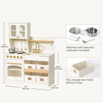 Tiny Land wooden play kitchen with storage in white wood and brass hardware, includes cookware on Tampa Home & Garden Store