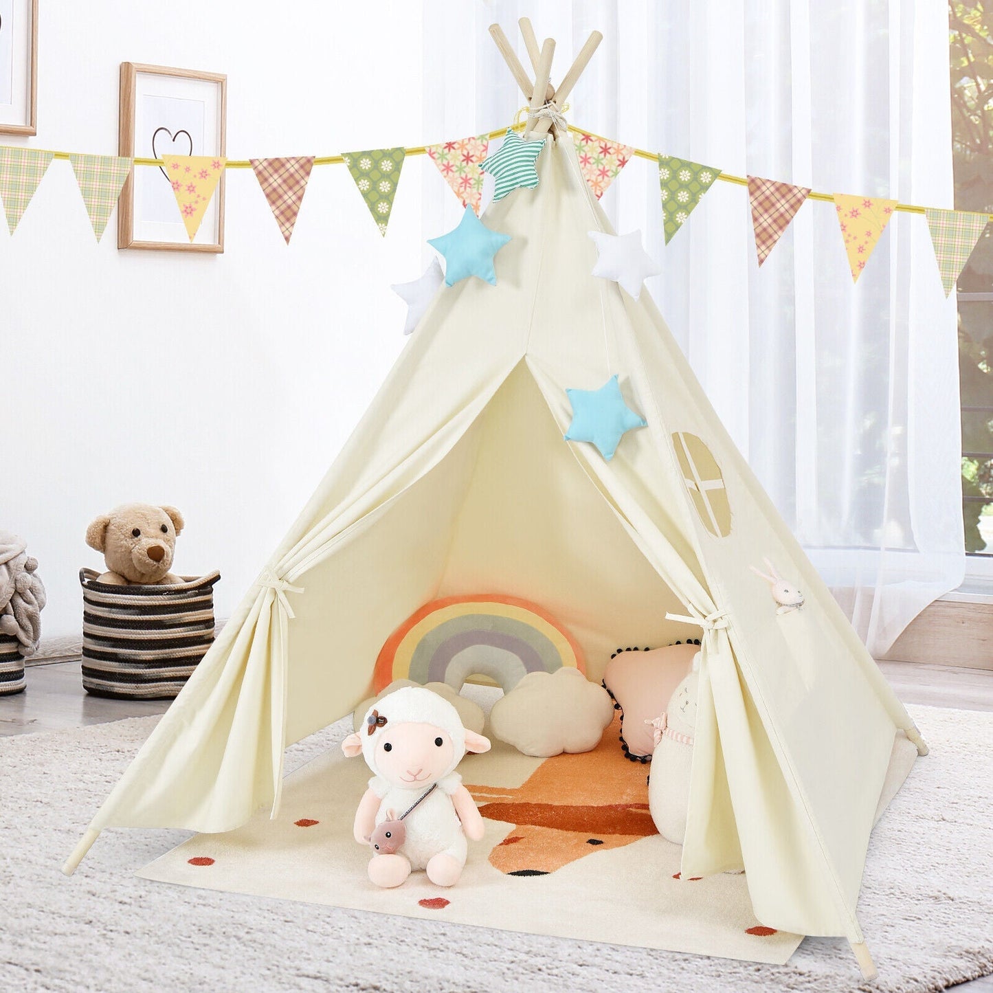 GemGear Foldable Kids Canvas Teepee Play Tent cream with pastel star decor on Tampa Home & Garden Store