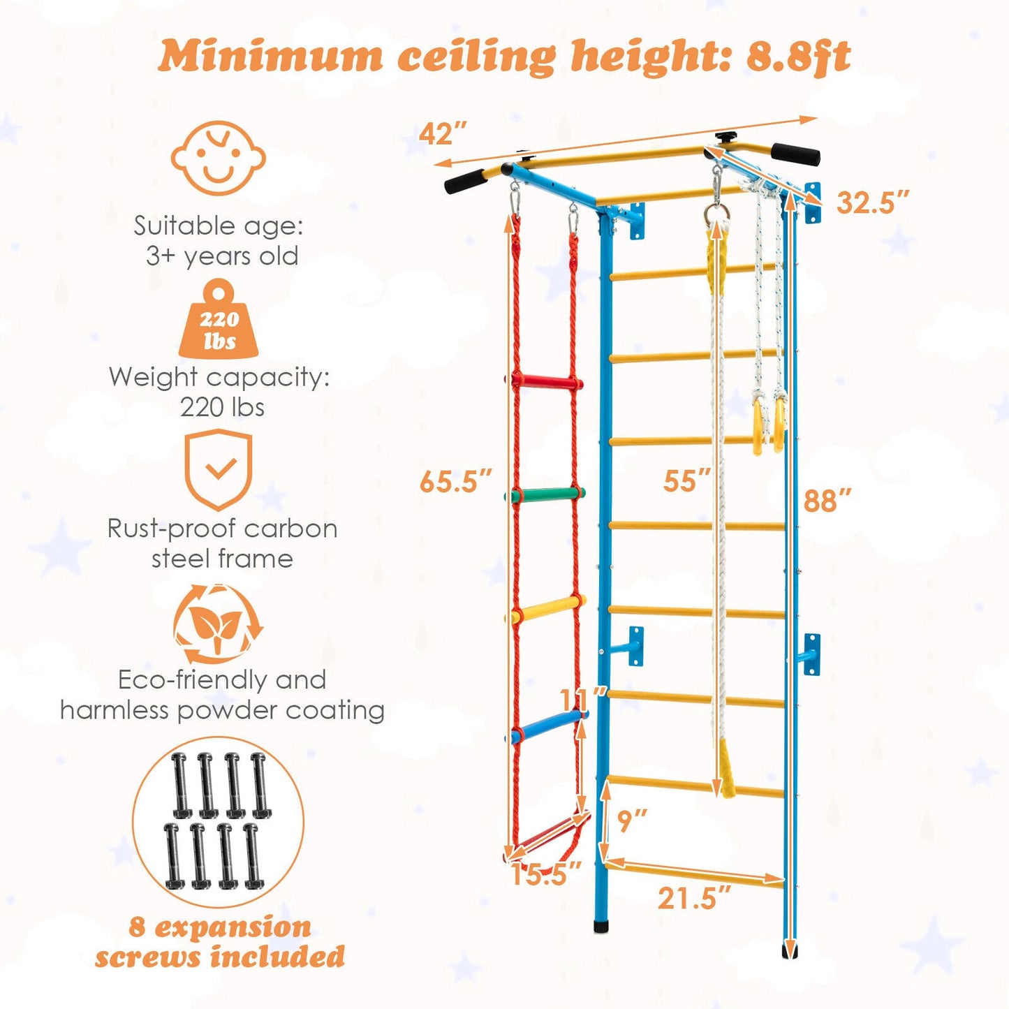7 In 1 Kids Indoor Gym Playground Swedish Wall Ladder for Solid Wall-Yellow - Tampa Home & Garden Store