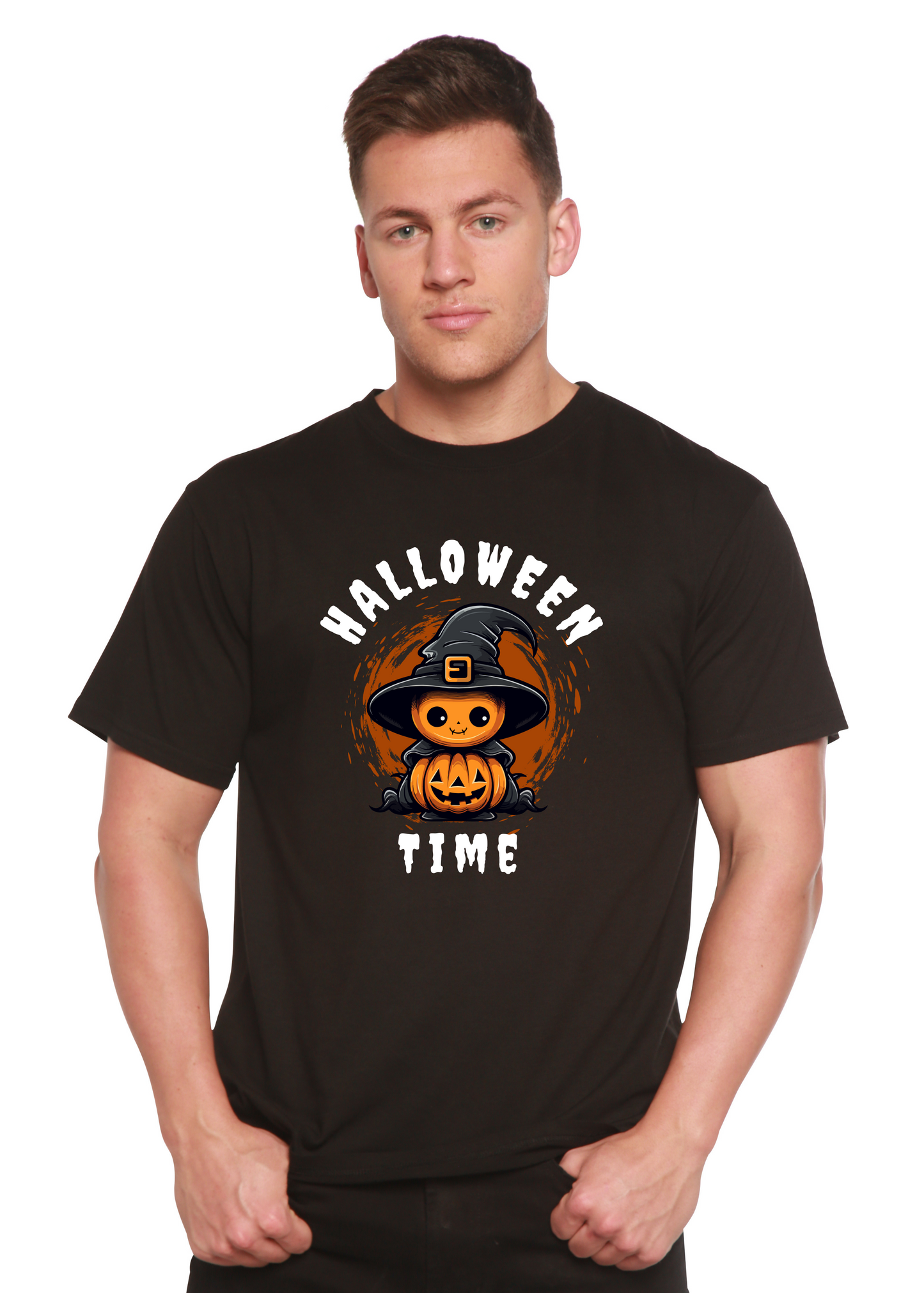 Men's black Halloween Time graphic T-shirt with pumpkin witch print, bamboo viscose on Tampa Home & Garden Store