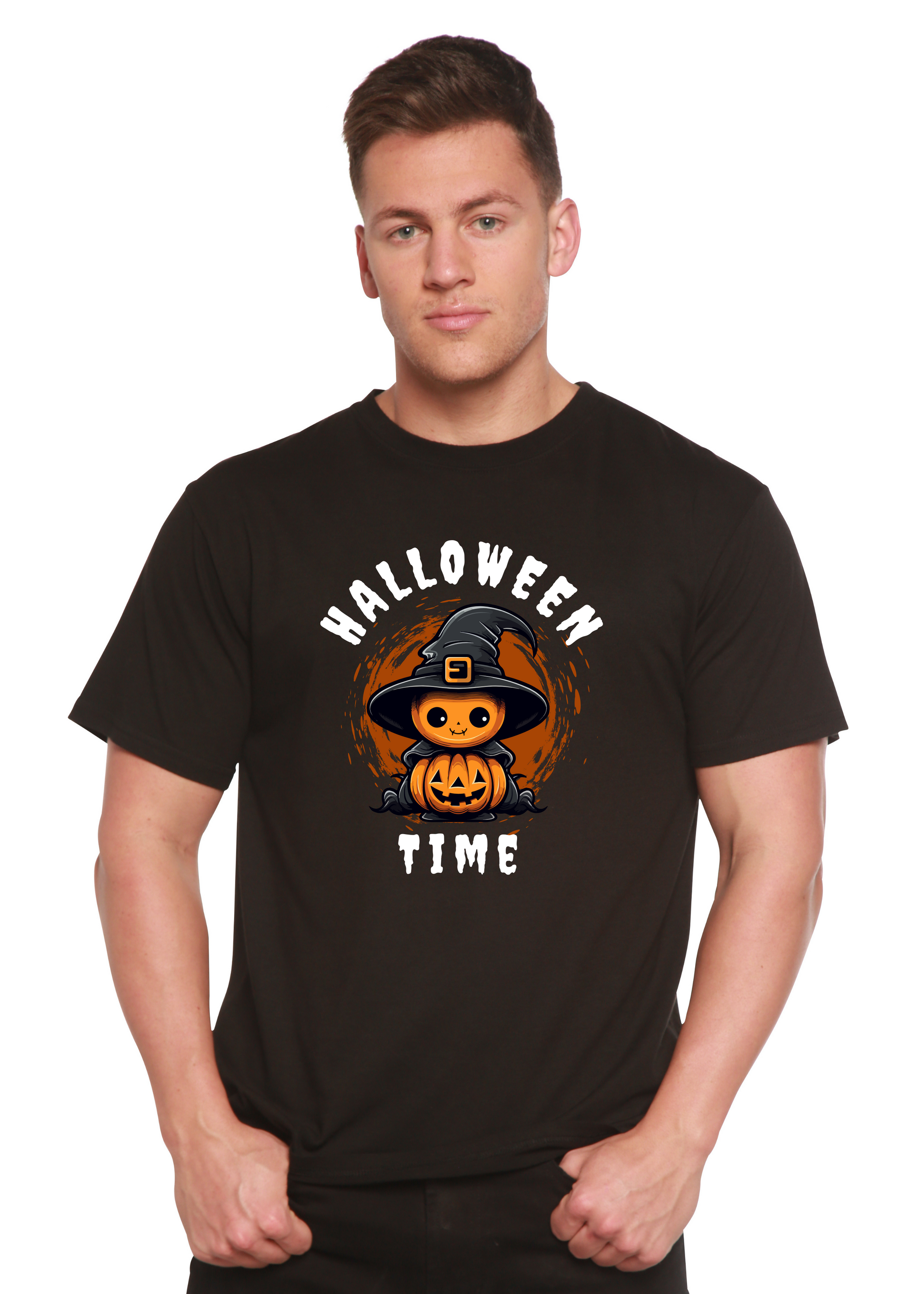 Men's black Halloween Time graphic T-shirt with pumpkin witch print, bamboo viscose on Tampa Home & Garden Store