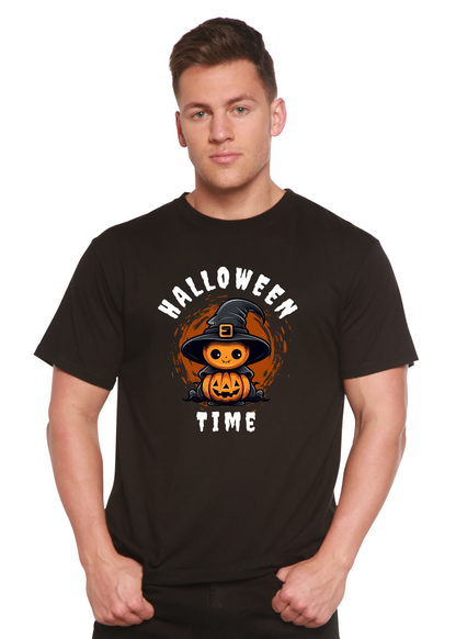 Men's black Halloween Time graphic T-shirt with pumpkin witch print, bamboo viscose on Tampa Home & Garden Store