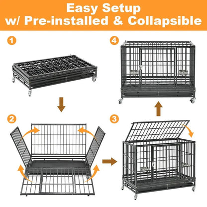 37 Inch Stackable Heavy Duty Dog Crate by Homey Pet Official, black metal on wheels, easy setup on Tampa Home & Garden Store