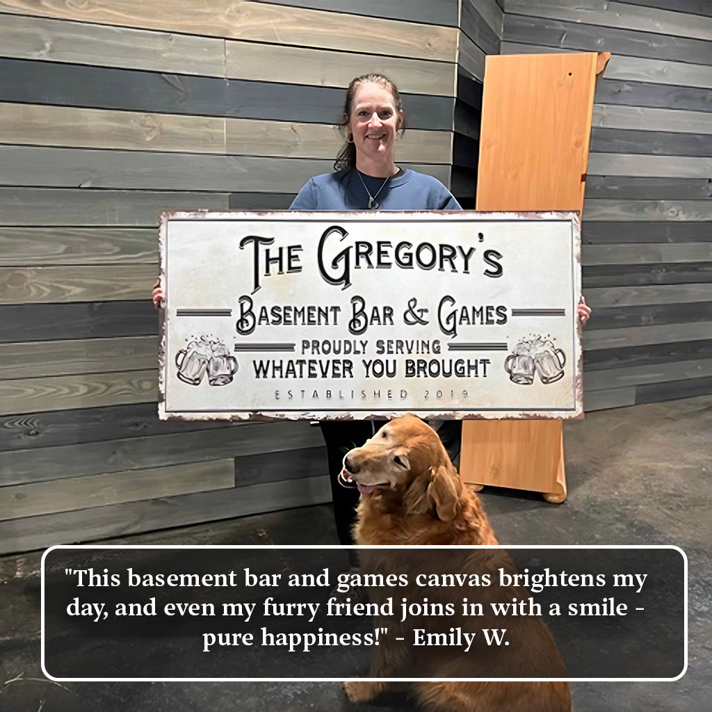 Basement Bar And Lounge Sign canvas held by a woman with a golden retriever, weathered sign on Tampa Home & Garden Store