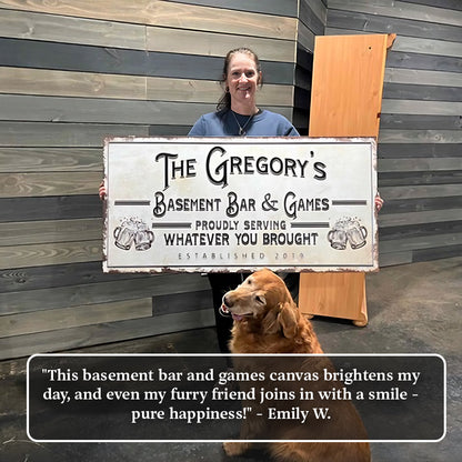 Basement Bar And Lounge Sign X canvas; white sign with black lettering held by a woman and dog on Tampa Home & Garden Store