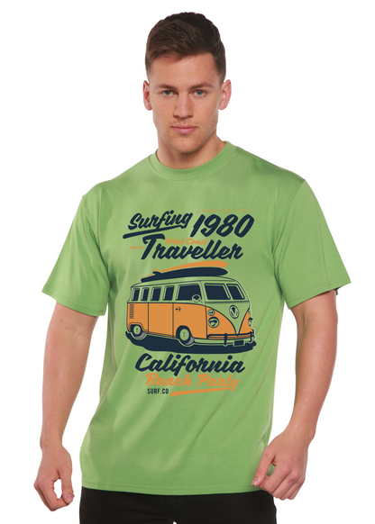 Surfing 1980 Spun Bamboo men's short sleeve graphic tee lime green with orange VW bus graphic on Tampa Home & Garden Store