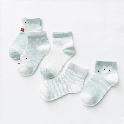 Stevvex five-pair infant baby socks set, breathable mesh cotton in light blue and white with cute animal faces on Tampa Home & Garden Store